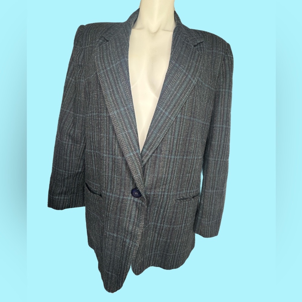 VNTG Wool Plaid Oversized Blazer Women’s 12 Gray Navy Check Single Button
